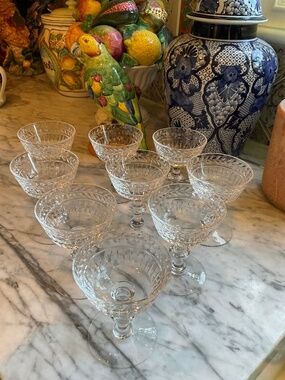 9 vintage etched glass small champagne glasses no markings